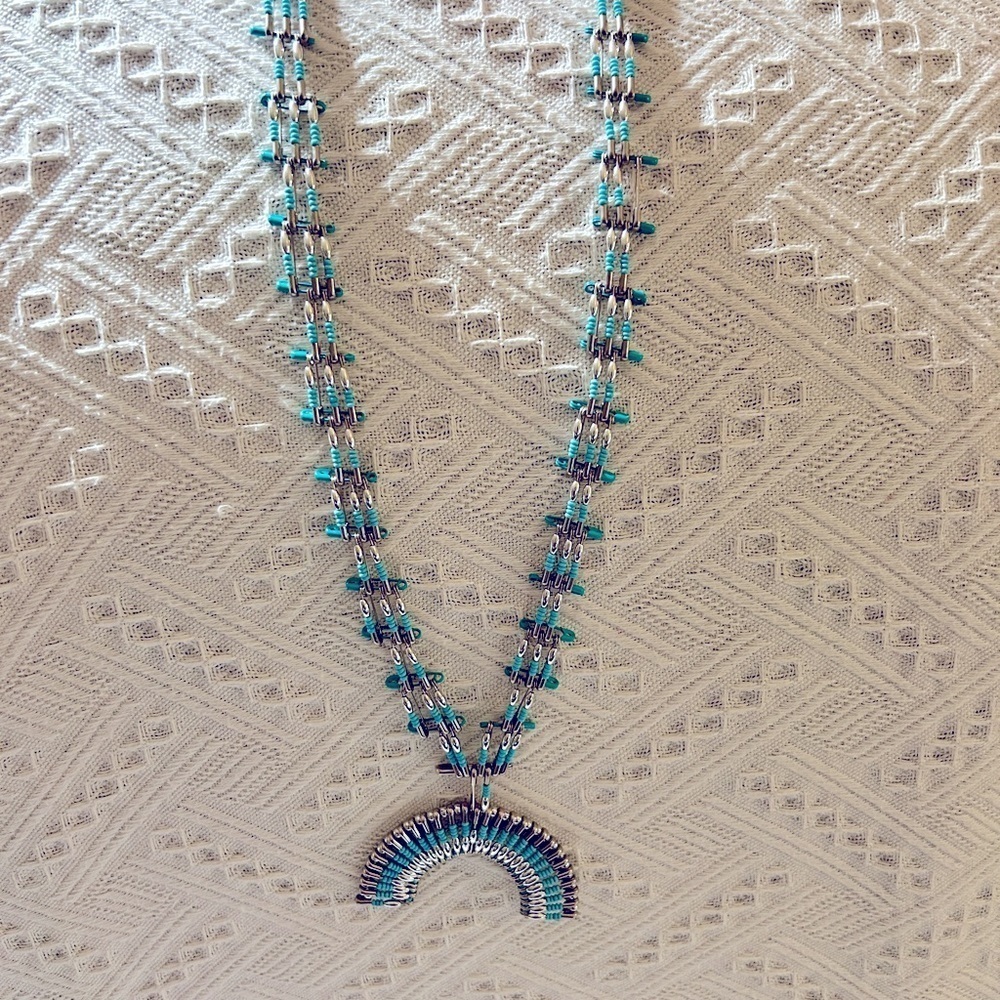 Handmade Vintage Safety Pin Necklace Squash Blossom Turquoise Blue Silver​​​​